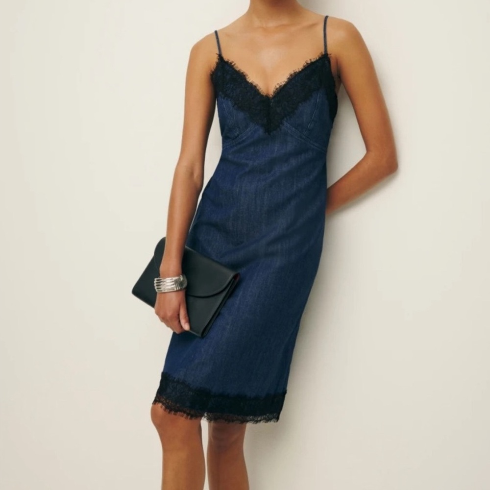 Reformation Blue and Black Lace Midi Dress